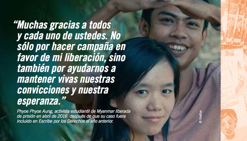 Phyoe Aung, activista estudiantil de Myanmar liberada de prisión en abril de 2016 después de que su caso fuera incluido en Escribe por los Derechos el año anterior.